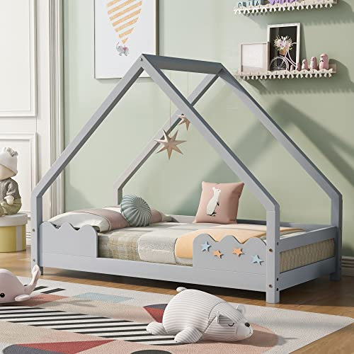 ZYLOYAL10 Hausbett Kinderbett 80x160cm mit Rausfallschutz，Spielbett，Jugendbett Massivholz in Grau (Gery)
