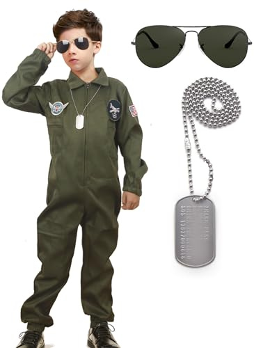 VZQI Flight Suit for Kids Costumes Air Force Pilot Halloween Cosplay for Boys with Sunglasses Green L