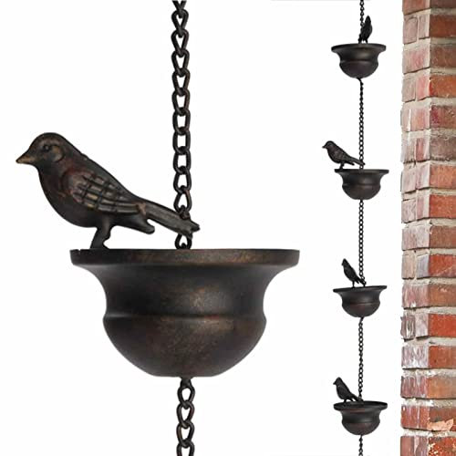Lluvia para Canalones Pájaros Móviles En Tazas Lluvia Colgante Lluvia Metal Decoración Canalón con Colgador Adjunto Y 8 Pájaros Impresionante Exhibición Fuente