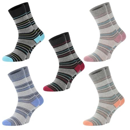 Chili Lifestyle Streifen Socken Damen, Weichbund ohne Gummidruck, recycelte Baumwolle, Ringelsocken, 5 Paar, schwarz grau jeansblau, 35-38 / 39-42