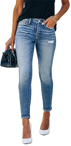 KUNMI Jean Skinny déchiré Taille mi-Haute pour Femme, Coupe ajustée, Pantalon en Jean Extensible Vieilli, M003-bleu, 44