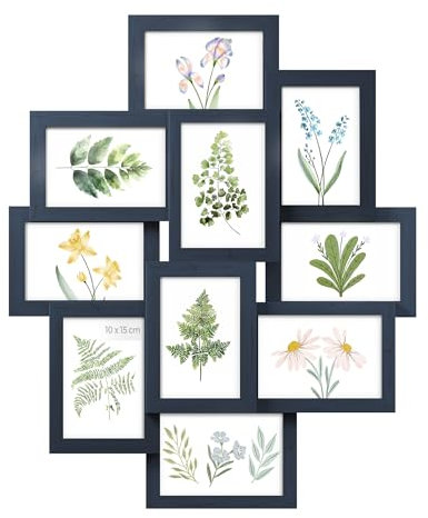 SONGMICS Collage di Cornici per Foto, 10 Cornici per Foto 10 x 15 cm, Cornici Portafoto da Parete, Cornici Multiple, Decorazioni Murali, Blu Marino RPF020Q01