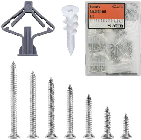 Suneke Set di tasselli e viti, 170 pezzi, 30 tasselli da parete in plastica e 140 M3,5 mm, 304 viti a testa piatta in acciaio inox con scatola organizer e 1 punta lunga PH2#2