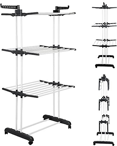 HUOLE Étendoir à Linge Pliable, Séchoir à Linge 4 Niveaux, acec Ailes Latérales Extensibles, avec Roues pour Intérieur Extérieur et Buanderie (75 * 64 * 170 cm (Noir + Blanc))