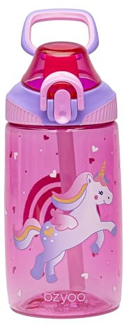 bzyoo Bouteille d'eau pour enfants 473,6 g – Étanche et facile à ouvrir ! Rose avec motifs de licorne mignons. Dispose d'une poignée et d'une fermeture sécurisée. Comprend une paille pratique pour une