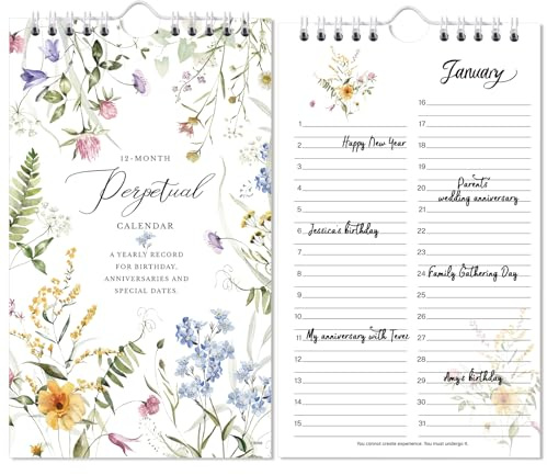 Perpetual Calendar - Undated Calendar 12-Month, 6'' x 10'' with Twin-wire Binding, Thicker Paper, Perpetual Calendars for Birthday, Anniversaries, Important Days, Festivals Reminder