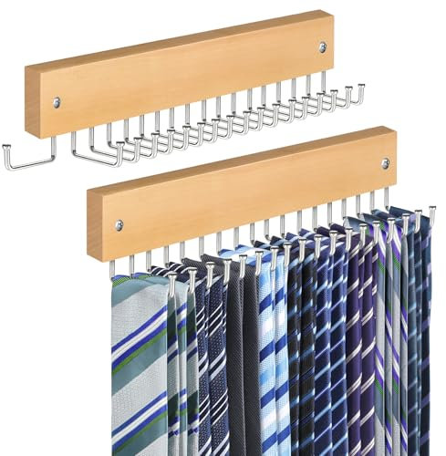 Tie Rack Belt Hanger Wall Mounted, Lomrsiul Non Slip 180 Degree Rotating Belt Organizer for Closet with 18 Hooks Closet Organizers and Storage for Tie Belt Necklace Purse Scarf Bag Natural 2 Pack