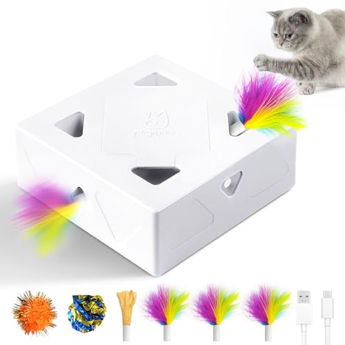 Interactive Cat Toys -Migibox for Indoor Bored Cats, Automatic Pop Out Feathers from 7 Holes Randomly, Motion Activated, USB Rechargeable (Purple Skin)