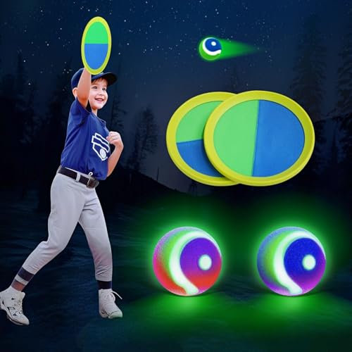 Raditoss Ensemble de balles à lancer et à attraper à DEL – Brille dans le noir et jeu de jour avec balles lumineuses rechargeables, comprend 2 pagaies et 2 balles – Jouet d'intérieur et d'extérieur