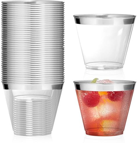Sporgo Lot de 60 gobelets en plastique avec bord argenté : 270 ml, gobelets en plastique rigide, réutilisables, transparents, verres à vin pour anniversaire, mariage, pique-nique (8,8 x 7 cm)