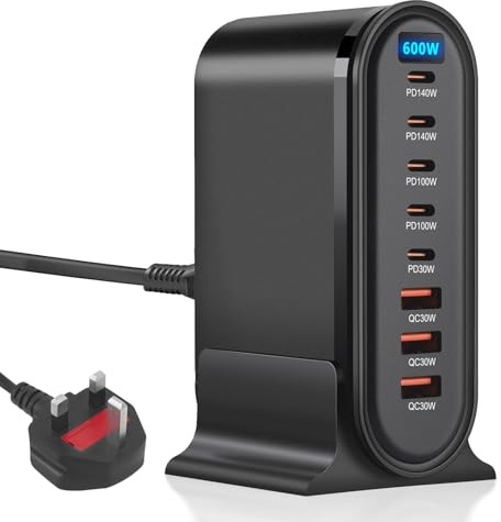 600W USB C Charger, 8 Port GaN Fast Charging Station, Multi Charger Hub Charging Block with 5 USBC PD 140W/100W/30W and 3 USB A QC30W, Compatible with MacBook Pro/Air, iPhone 16/15/14, Samsung