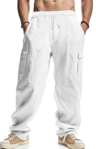 PADOLA Men's Lightweight Linen Cargo Trousers Loose Fit Summer Casual Holiday Beach Linen Pants Comfortable with Pockets(XXL,White)