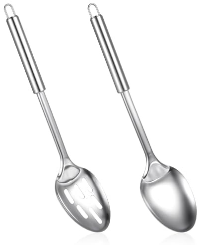 2 Pcs Cooking Spoons Set, Large Slotted Serving Spoon, Stirring Spoons, 18/8 Food Grade Stainless Steel Kitchen Utensils Set, Cooking Utensils Set, Mixing, Serving, Gifts for Home, Restaurant (18/8)