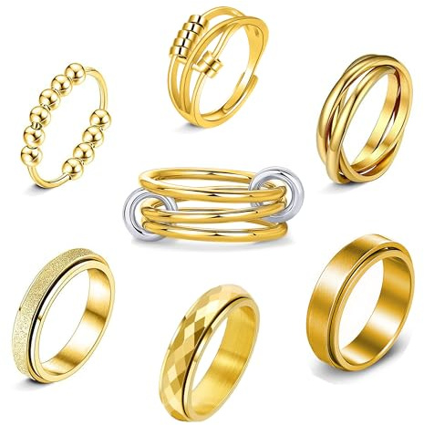 LOFITOR 7 stycken anti-stressringar i rostfritt stål för kvinnor och män - spinnerringar med CZ och sammanflätade mönster - avslappningsringsset