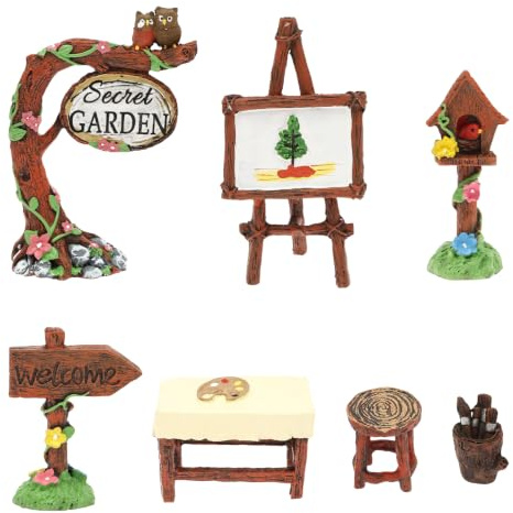 MENIBBLER 7Pcs Miniature Fairy Garden Accessories Kit, Resin Micro Landscape Ornaments with Easel, Table, Stool, Road Sign & Birdhouse for DIY Craft, Plant Pots, Dollhouse & Outdoor Decor