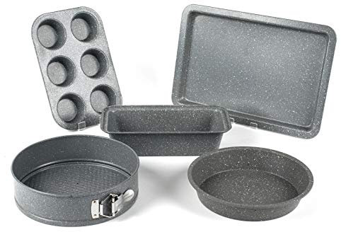 Salter COMBO-3316 Marblestone Bakeware Set – 5 Piece with Baking Tray, Cake Tin, Springform Cheesecake Pan, Muffin Tin, Loaf Bread Tin, Non-Stick, Carbon Steel, Oven Pans, Easy Clean, Grey