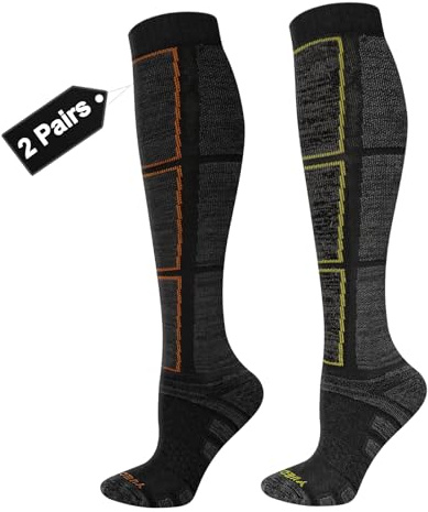 YUEDGE Mens Cushioned Skiing Socks Thick Cotton Knee High Socks | Combed Cotton, Lycra Stretch, Moisture Wikcing, For Snowboarding Hunting, 2 Pairs