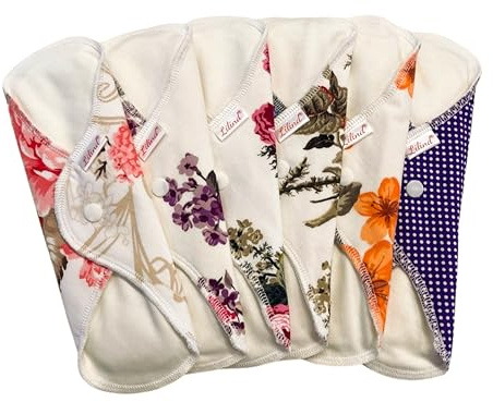 Lilind® 6 Pack Everyday 9 Regular Organic Cloth Pads on Random Color, Reusable Menstrual Sanitary Napkins, 100% Cotton