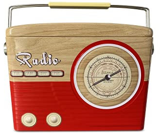Boîte en métal Radio portable avec poignée Design rétro Boîte à biscuits Déco, 22 x 6 x 17 cm Volume 1,5 L Rouge/Marron