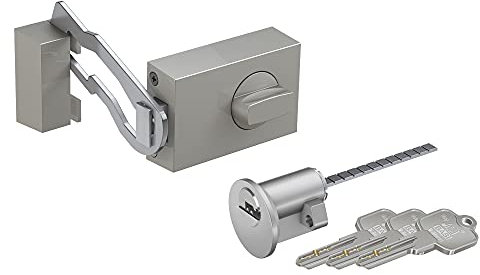BASI Juego de cerradura adicional para puerta con barra de bloqueo y cilindro exterior, pomo giratorio, cerrojo macizo, seguro adicional para puertas casa y apartamentos, 60 mm, rectangular
