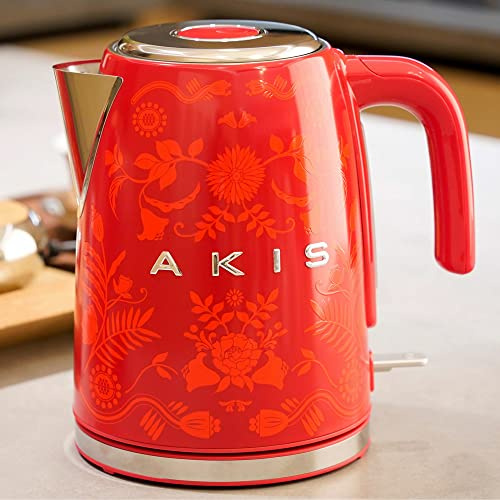 AKIS La Fête Design wasserkocher aus Edelstahl 1,7L, 2400W, elektrischer Wasserkocher mit Kalkfilter Vintage (Rot mit Blumenmuster)
