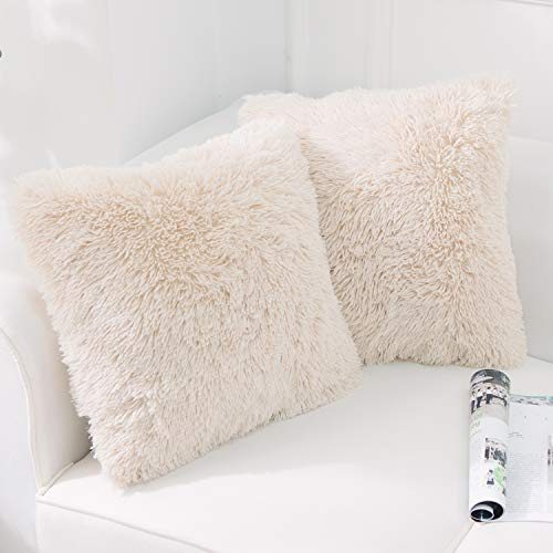NordECO HOME Confezione da 2 federe per cuscini in finta pelliccia, 50 x 50 cm, lussuose e soffici, decorative, quadrate, 20 x 20 cm, per divano, colore: crema
