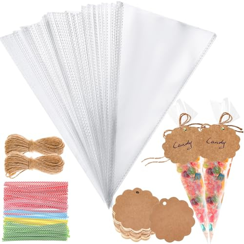 100 Bolsas Celofan Transparente, 25x13 cm Conos de Chuches para Cumpleaños Bolsas Transparentes para Regalos con Etiquetas Regalo para Navidad Cumpleaños Boda Fiesta (incl. Cierre y Cordel Yute)