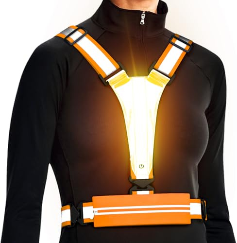 Ylzzrs Giubbotto Riflettente Running LED per Corsa a Piedi, Gilet Riflettente Bicicletta LED, Supporto per Telefono per corridori, Camminate notturne, per Jogging, Escursionismo (Arancione)