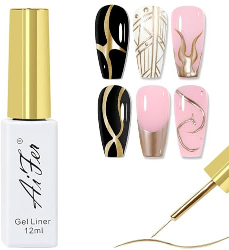 Gold Liner Gel Nail Polish - Metallic Gold Gel Liner Nail Art - 3D Effect 12ml Build in Thin Brush Metal Painting Drawing Striper - Soak Off UV/LED for Painting Drawing Swirl Nails