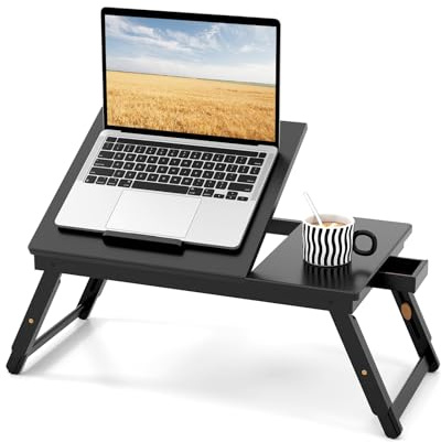 COSTWAY Vassoio per Laptop con Gambe Regolabili e Piano di Dissipazione Termica Inclinabile, Tavolino da Letto Pieghevole con Cassetto Portaoggetti per Leggere, Scrivere e Mangiare (Marrone)