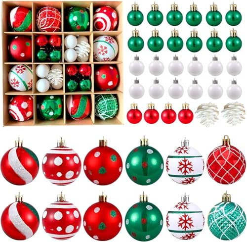 Xmas Baubles, 42pcs Red Green and White Christmas Tree Baubles Christmas Hanging Ball Ornaments Decor Xmas Tree Decorations Shatterproof Balls Seasonal Decorative Winter Holiday Party Home