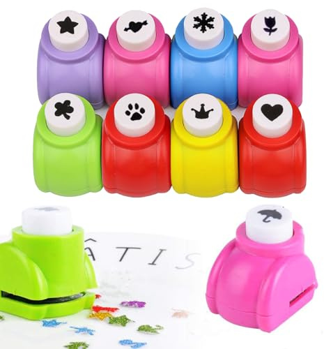 Fustellatrice per Bambini - Set 8 Pezzi Perforatrice Decorativa Manuale per Carta, con Motivi Stelle/Fiori/Cuori | Fustelle & Bucatrice per Scrapbooking | Foratrice & Punzonatrice per Cartone Sottile