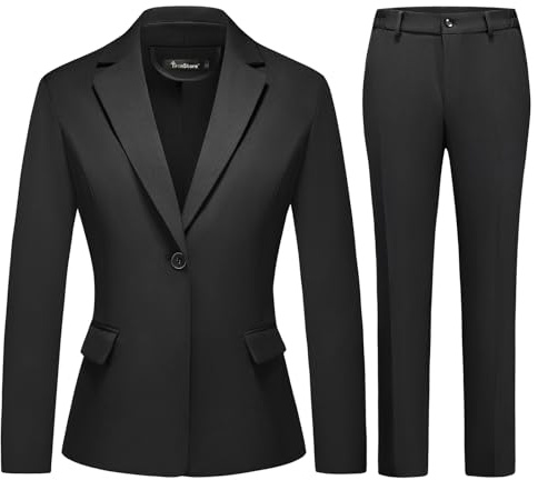TRONSTORE Women's Business Solid Suit 2 Piece Slim Fit Classic Blazer Pants Set for Women Formal Office Black L