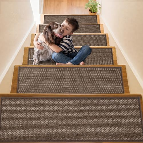 YISUN Linsimitation trappsteg mattor 15 st, avtagbar och tvättbar | Stegmattor självhäftande baksida 65 x 20 cm, tyst halkfri trappmatta för trappor, kök, sovrum, badrum