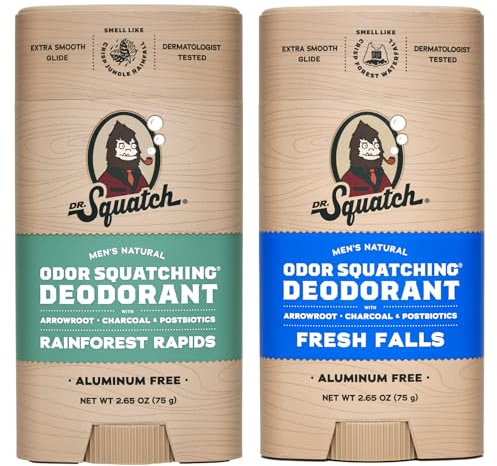 Dr. Squatch Natural Men’s Deodorant – Aluminium Free Natural Deodorant For Men with Charcoal & Postbiotics for 72-Hour Odor Protection – Fresh Falls & Rainforest Rapids, 75g Stick (2-pack)