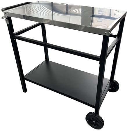 LEADZM Grillwagen - Grilltisch Outdoor, 95 x 45 x 83 cm, Schreibtisch aus Edelstahl Silber, Mit Rädern, mobil, Servierwagen für Gärten Schwarz