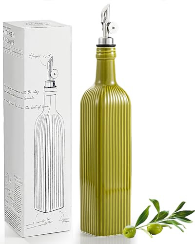getstar 18 oz Olive Oil Dispenser Bottle for Kitchen, Ceramic Oil Bottle with Automatic Stainless Steel Pourer (Silver Pourer, Olive Green)
