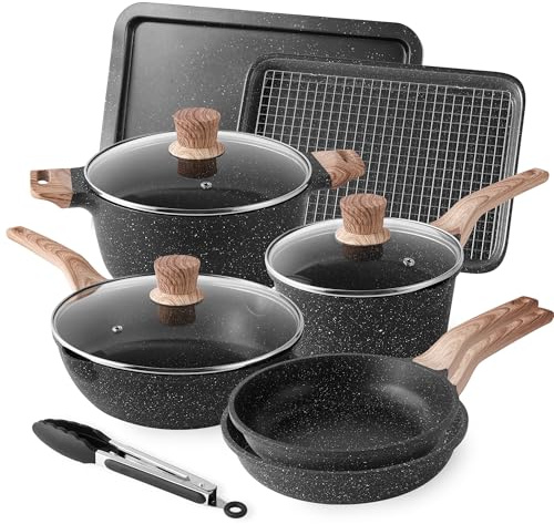 RIOVARM Induktion köksredskap med non-stick lock, set med stekpannor och grytor, granit, stekpanna, gryta, bakplåt, PFOA-fri
