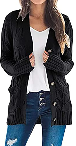 AnnSemo Women's Knit Cardigans Loose Slouchy Oversized Wrap Chunky Pocket Sweaters Coat Casual Cosy Soft Cotton Cardigans for Women UK Button Down V-Neck Long Sleeve Outerwear Black
