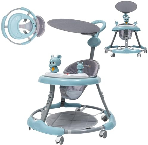 Andador para bebé, de PVC, con sombrilla y felpudo, altura y velocidad ajustables, andador para bebés, niños y niñas a partir de 6, 9, 18 meses, hasta 15 kg (azul)