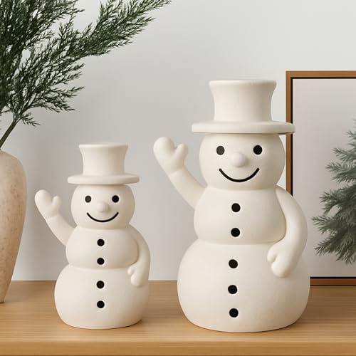 FoldTier 2 Pcs Winter Snowman Figurines Rustic Snowman Decorations Farmhouse Christmas Table Centerpieces Decorative White Clay Decor for Holiday Xmas Home Table Room Kitchen