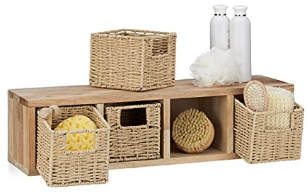 Relaxdays 2 x hyllor kub förvaring, 4 avtagbara korgar, korg trä valnöt korridor sovrum kök väggmontering, natur