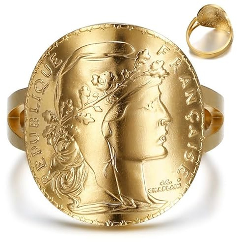 BOBIJOO JEWELRY - Anillo Marianne Moneda 20 Francos Curvado Acero Oro - 7 (4 US)