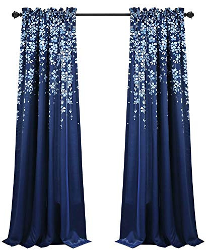 Lush Decor Weeping Flower Light Filtering Window Curtain Panels, Pair, 52 W x 95 L + 2 Header, Navy - Charming Modern Floral Curtains for Living Room, Dining Room, & Bedroom