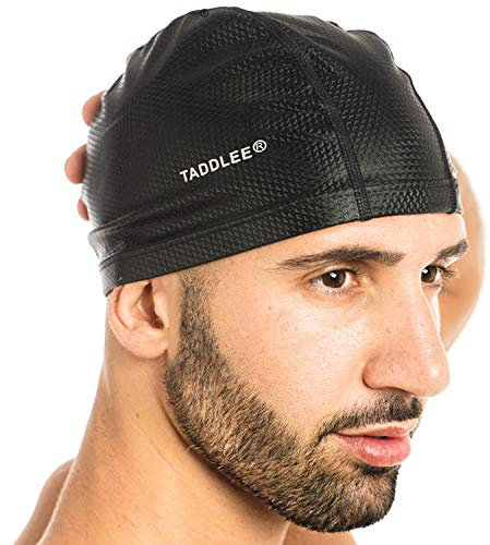 Taddlee Herren Badekappe PU Stoff Silikon Lycra Badekappe Pool Wasserdicht Sport Erwachsene Schwimmbekleidung Zubehör Große Größe Outdoor (Schwarz)