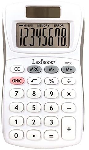 Lexibook - 8-stelliger Taschenrechner - Grund- und Speicherfunktion - Weiche Silikonschlüssel für Büro, Schule, Zuhause - Solar & Batterien - Weiß/Grau - C208