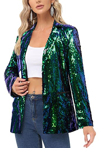 KANCY KOLE Women Sparkle Sequin Blazer Jackets Long Sleeve Glitter Open Front Shiny Dressy Jacket with Pockets Mermaid L