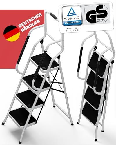 Sicherheitsleiter 4 Stufen Klappbar I TÜV Rheinland Zertifiziert I Belastbar bis 150kg I Anti-Rutsch-Füße und Trittstufen I Trittleiter mit Handlauf I Sicherheitsleiter für Senioren I Weiß