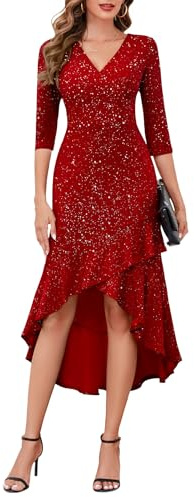 BeryLove Womens Wedding Guest Dress Evening Sparkly Glitter 3/4 Sleeve Party Cocktail Dress Elegant High Low Dress Prom Dress 7065 Red L