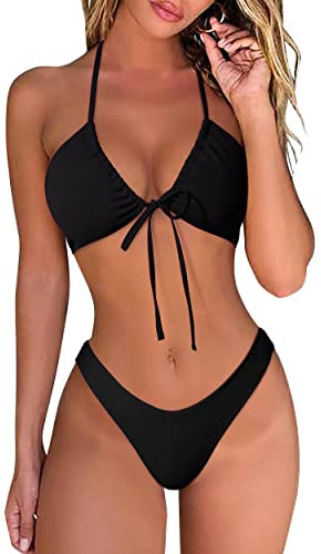 DOULAFASS Damen Bikini Set Sexy Bikini Brazilian Style Niedriger Taille String Triangel 2tlg Bikini Schwarz M